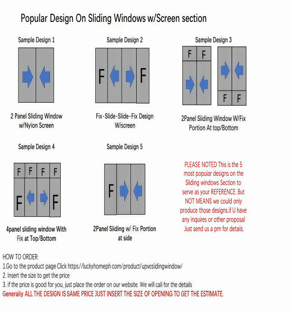 Popular UPVC Sliding Window Designs with Screen | LuckyHome Philippines Popular UPVC sliding window design options with nylon screen and fixed glass sections – guide for layout and customization by LuckyHome Philippines.