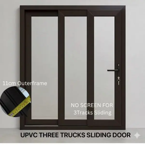 Brown UPVC 3-Tracks Sliding Door | Durable Design | LuckyHome Philippines Brown UPVC three-tracks sliding door with 11cm outer frame – durable, elegant, and space-saving design by LuckyHome Philippines
