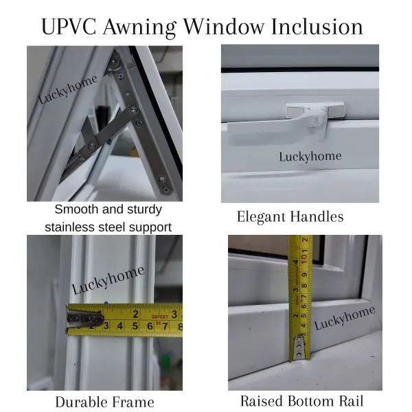 UPVC Awning Window | Inclusion Details | LuckyHome Philippines UPVC awning window inclusion showing stainless steel support, elegant handles, durable frame, and raised bottom rail by LuckyHome Philippines.