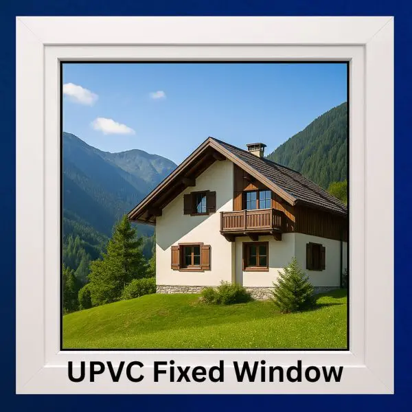 UPVC Fixed Window | Clear View & Elegant Design | LuckyHome Philippines White UPVC fixed window showcasing mountain house view – elegant, durable, and energy-efficient design by LuckyHome Philippines