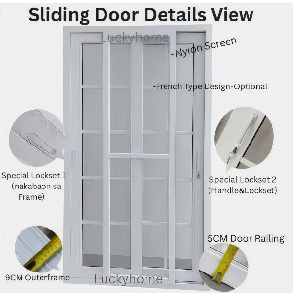 UPVC Sliding Door Details | French Design & Lockset | LuckyHome Philippines White UPVC sliding door details showing French design option, nylon screen, lockset, and 9cm outer frame by LuckyHome Philippines