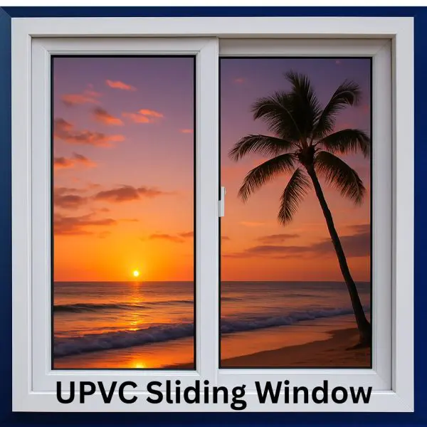 UPVC Sliding Window | White Frame with Sunset View | LuckyHome PH UPVC sliding window in elegant white frame showing tropical sunset beach view, stylish and durable design by LuckyHome Philippines.