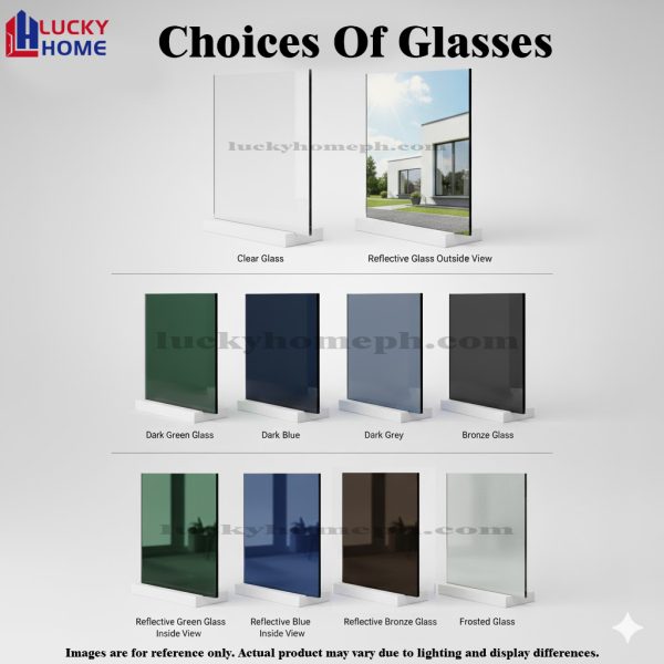 UPVC Glass Options | Clear, Reflective & Frosted | LuckyHome Philippines LuckyHome UPVC glass options showing clear, reflective, dark, bronze, and frosted finishes – stylish and durable choices for windows and doors